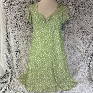 See You Monday‎ Babydoll Dress Green Mesh Ruched Sweetheart Roses Floral Large